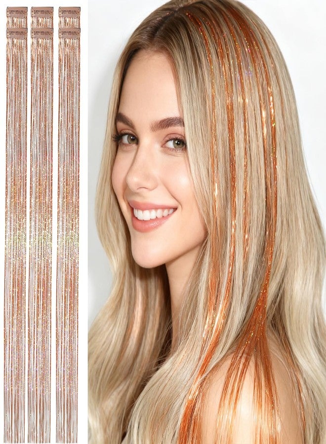CelineBella Hair Tinsel Clip in,Laser Orange,Copper Gold, 24 Inch Pack of 6Pcs,80 Strands Each,Unique Shimmer for Hair Styling​ for New Year Party Cosplay Festival Daily Use for Women - Image 1